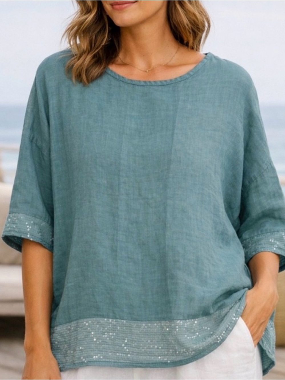 Bellambra Relaxed Sage Light Teal Linen Tunic with Sequin Trim Sz L  Breezy